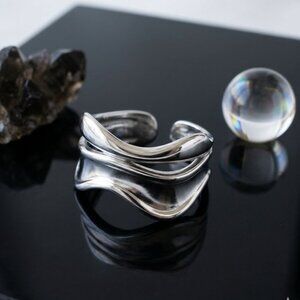 18K White Gold Plated Stainless Steel Open Adjustable Wave Ring Minimalist